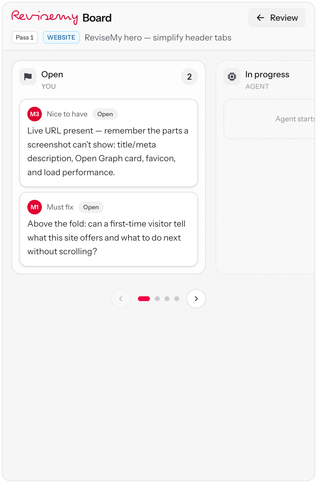 ReviseMy board — marks moving from open to resolved to verified across a review pass